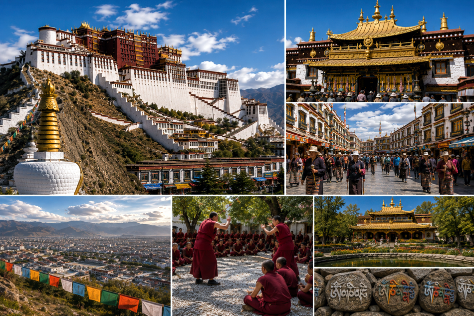 Collage mit den Höhepunkten einer Tibet Rundreise: Potala-Palast, Jokhang-Tempel, Barkhor-Straße, Sera-Kloster, Norbulingka und Blick über Lhasa.